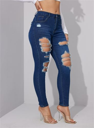 Women's High Rise Skinny Stretch Ripped Jeans High Waisted Destroyed Butt Lift Slim Fit Tight Denim Pan3