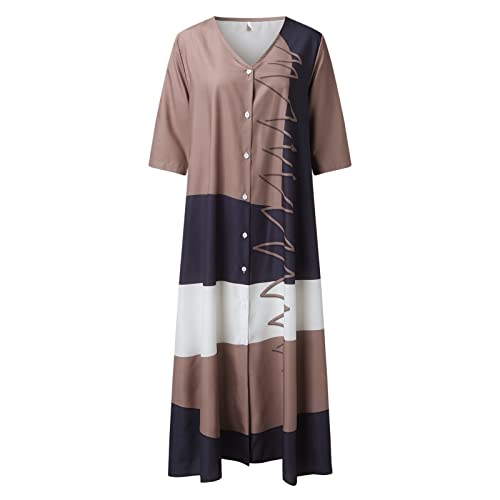 AxiBa Vestido midi feminino casual color block emenda manga curta solto festa vestido longo verão bo