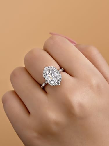 2.5CT Emerald Cut Engagement Ring for Women, S925 Sterling Silver AAAA CZ Simulated Diamond Promise Ring with Halo and Side Stones3