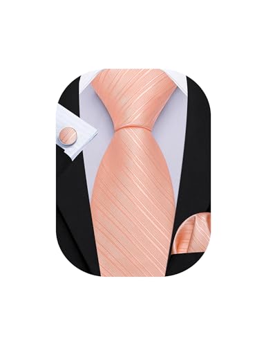 Image of Barry.Wang Solid Striped Tie for Men Silk Necktie Pocket Square Cufflinks Formal Wedding Party Business