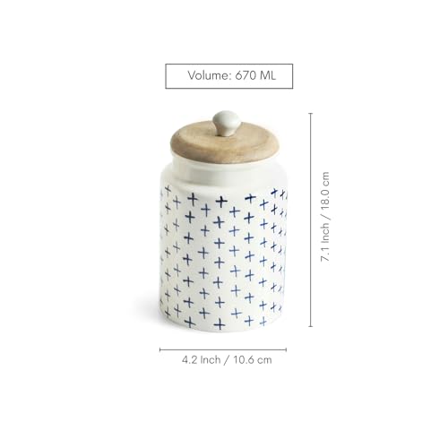Image of ExclusiveLane 'StarMark' Multi-Utility Airtight Ceramic Jars For Kitchen Storage With Wooden Lid Ceramic Containers For Pickle Cookies Sugar Dry Fruits (Airtight, 670 ML, Hand-Painted, 18 Cm)