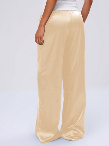 Image of MakeMeChic Women's Summer Satin Silk Pants Casual Flowy Pants Beach Vacation Wide Leg Pants