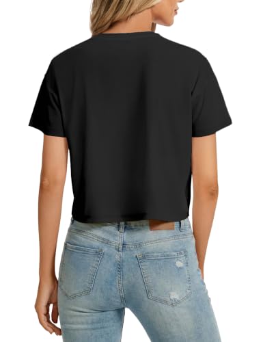 Image of SMENG Women's Crop Tops Cotton Loose Fit Tshirt Basic Short Sleeve Shirt