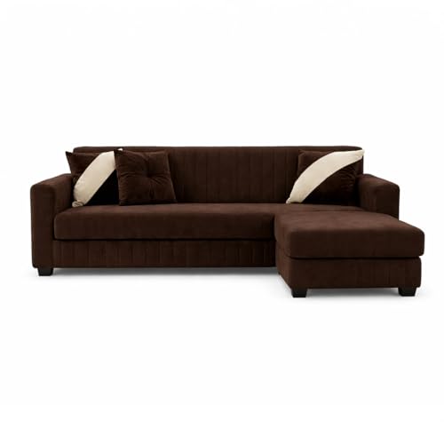 Image of SLEEPIFY Avren 3 Seater Velvet Fabric Sofa Set with 1 Ottoman (Dark Brown) | Premium Soft Velvet | Plush Comfort Cushions | Modern Living Room Sofa