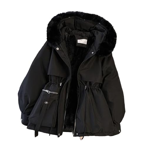 Women's Plush Solid Color Warm Cotton Jacket Loose Thickened Fleece Lined Hood Down Jacket Winter Puffer Outwear