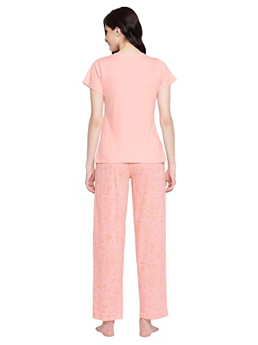 Image of Clovia Women's Cotton Doodle Print Top & Pyjama Set in Pink