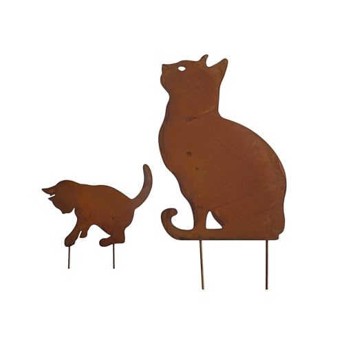 Bornhöft Gartendeko Gartenstecker Katze mit Kitte Katzenbaby Edelrost Rost-Optik Metallfigur, Gartenskulptur rostige Deko aus Metall Beetstecker Wetterfest