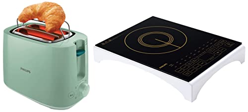 Image of PHILIPS Viva Collection HD4938 /01 2100-Watt Glass Induction Cooktop with Sensor Touch (Black) & PHILIPS HD2584 /60 830W 2 Slice Pop Up Toaster, Green