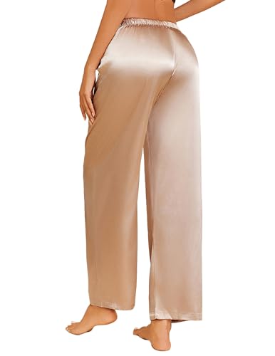 Image of Ekouaer Womens Silk Satin Pajama Pants Casual Loose Lounge Pants Drawstring Elastic Waist Wide Leg Pj Bottoms with Pockets, Khaki, Medium