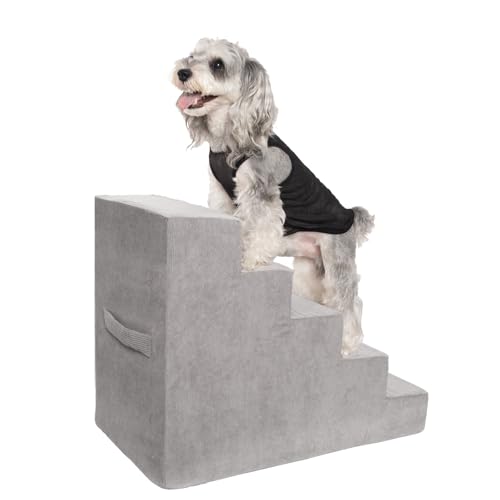 MEWANG Dog Stairs for Small & Medium Dogs and Old Cats –3/4/ 5 Steps High-Density Foam Pet Ramp for Bed & Couch, Non-Slip, Washable Cover, Grey (Square Corner, 5 Steps: 29.92''×22.83''×15.75'', 2)