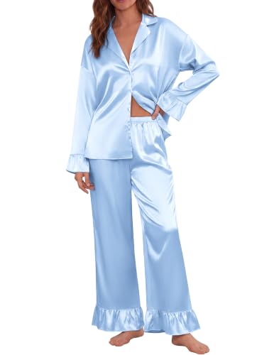Ekouaer Satin Pajamas for Women Silk Pjs Long Sleeve Lounge Set with Ruffle - image 1