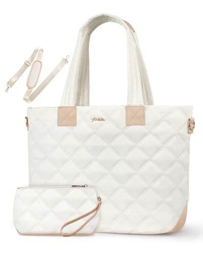 Prite Tote Bag for Women Lightweight Puffer Tote with Compartment Quilted Work Bag(Beige)