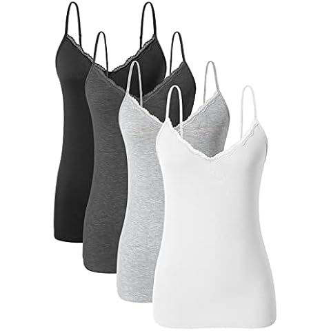 AMVELOP v Neck Women Camisole Adjustable Spaghetti Strap cami lace Trim Tank Tops 4 Pack Black Dark Gray Gray White XL Cover