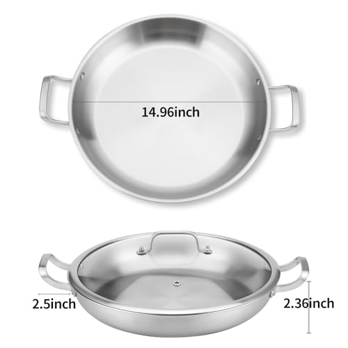 Delarlo Paella Pan 14 Inch Tri-Ply Stainless Steel Paella Pan With Lid thumb #2