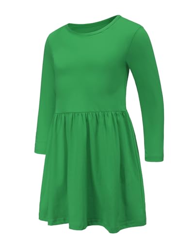 Vestido liso de manga corta para niñas, vestidos casuales de algodón acampanado, vestidos de patinadora para niñas de 2 a 14 años, Manga larga verde liso, 11-12 años