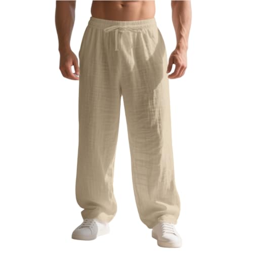 CUKOLSXA Mens Linen Pants Fashion Straight Leg Elastic Waist Summer Pants for Men Casual Lightweight Breathable Trip Pant with Pockets Beige M