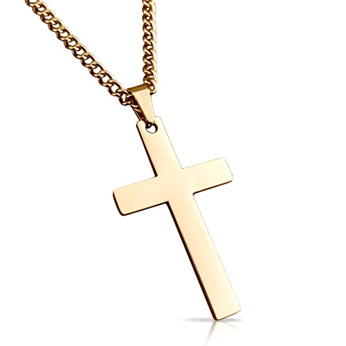 Cross Pendant with Chain Necklace - 14K Gold Plated Stainless Steel - 30MM or 40MM Cross