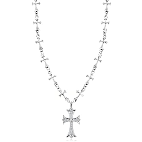 SHINYY Cross Necklace for Women and Men | Goth Punk Pendant Necklace | Gothic Grunge Religious Jewelry for Him Her (Silver with Crystals)