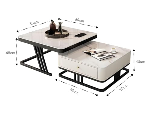 Image of RIZIK STORE Iron Frame Handmade Drawer Square Coffee Table /Nesting Table /Side Table /Center Table with Engineered Wood Top for Living Room /Drawing Room /Balcony (White- 24 inchx24 inch)