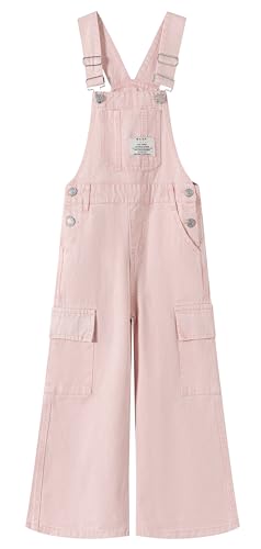 KIDSCOOL Big Girls Cargo Denim Overalls Kids Wide Leg Jean Jumpsuit 6-14T