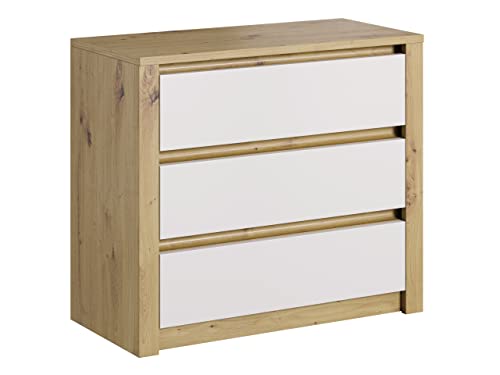 Hamura K3S HM03 - Cómoda con 3 cajones, cajón, tocador multiusos, aparador, tabla alta, armario de salón (roble/blanco)