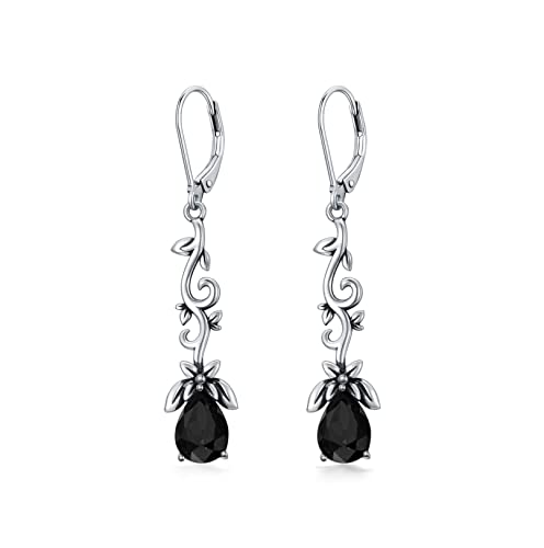 925 Sterling Silver Vintage Oxidized Branches Dangle Drop Leverback Earrings with 8 * 6mm Simulated Birthstone Crystal, Christmas Earrings Gifts for Women
