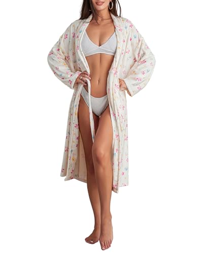 Owl's-Yard Women's Soft Summer Dressing Gown Floral Fruit Print Plush Shawl Collar Bathrobe Warm Lounge Robe with Belt (A-White Floral Print, M)