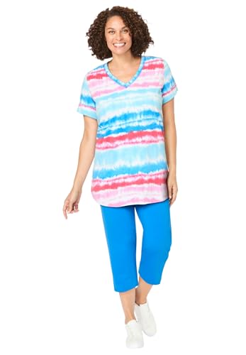 Woman Within Plus Size Two-Piece V-Neck Tunic & Capri Set - 3X, Paradise Blue Multi Tie-Dye Stripe