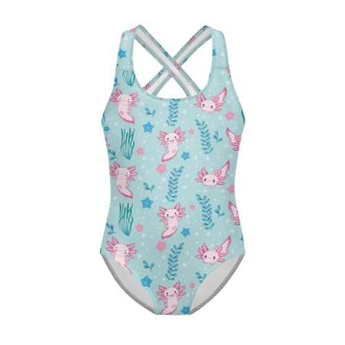 Girls One Piece Swimsuit Axolotl Cross Back Straps Bathing Suit Lightweight Quick Dry Gymnastics Leotard