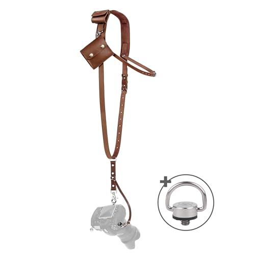 Leather Camera Strap for One Camera - Professional Single Leather Harness Shoulder Strap with Sd Card Holder & Battery Holder, Quick Release Gear for DSLR/SLR, Brown