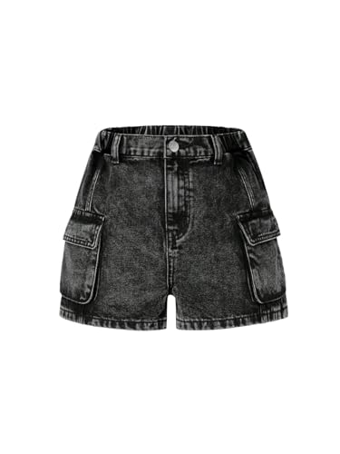 BEAUDRM Girl's Vintage Denim Cargo Shorts High Waist Bermuda Jean Shorts with Pockets Black 10Y