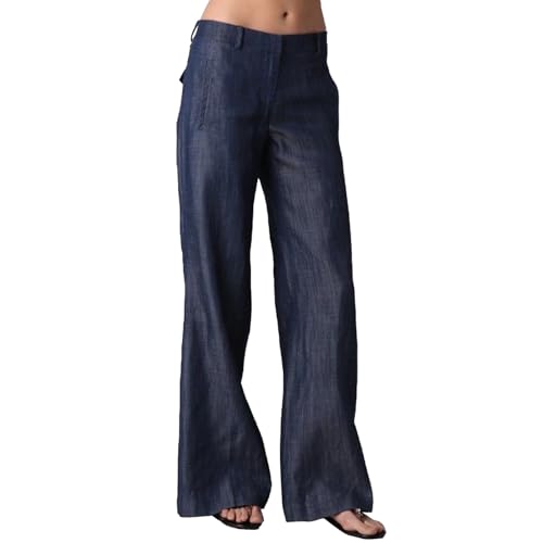Wide Leg Pants Woman Trendy High Waist Imitation Denim Pants Comfy Cotton Work Pants Long Trousers with Pockets