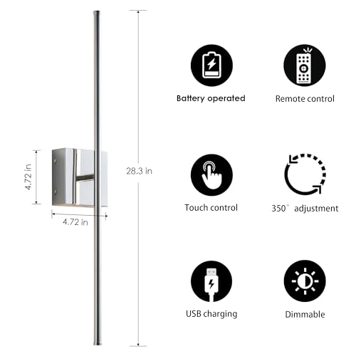 Image of KARTOOSH 28.3 Inch Wall Sconces Battery Operated for Living Room Chrome | Rechargeable Wireless Wall Lamp Set of 2, 3000K Warm White Dimmable Wall Light Remote Control Indoor Lighting for Bedroom