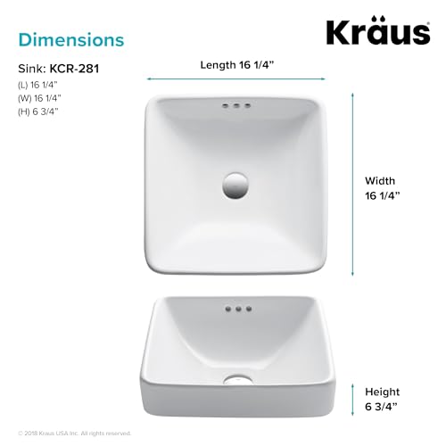 KRAUS Elavo Square Semi-Recessed Vessel White Porcelain Ceramic Bathroom Sink with Overflow, 16 1/2 inch KCR-281 - Thumbnail 5