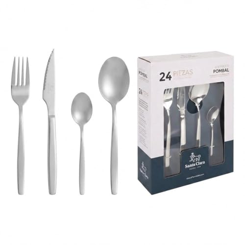 SANTA CLARA | Cubertería completa 24 piezas de acero inoxidable brillo, juego de cubiertos con cuchillo, tenedor, cuchara y cucharilla de postre, servicio completo para 6 personas, modelo Pombal