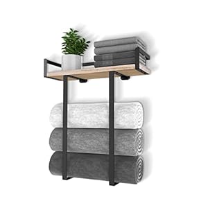 Towel Racks for Bathroom Wall Mounted, Xstydes Metal Towel Holder with Wooden Shelf for Folding Large Towels, Towel Storage for Small Bathroom Organizer Decor or RV Camping, Black