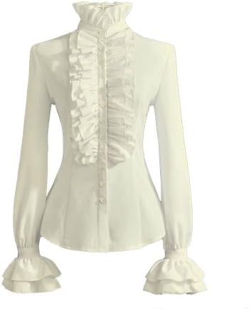PrettyGuide Women's Vintage Victorian Blouse Tops Retro Stand-Up Collar Lotus Ruffle Gothic Shirt Ivory S