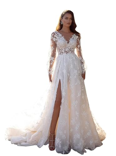 Deep V Neck Wedding Dresses for Women Long with Puffy Sleeves Lace Wedding Gowns DR0001-14