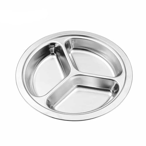 Faxijuan Plato redondo de acero inoxidable con 3 compartimentos for controlar las porciones, ideal for niños, adultos, camping, almuerzos y cenas.(26CM)