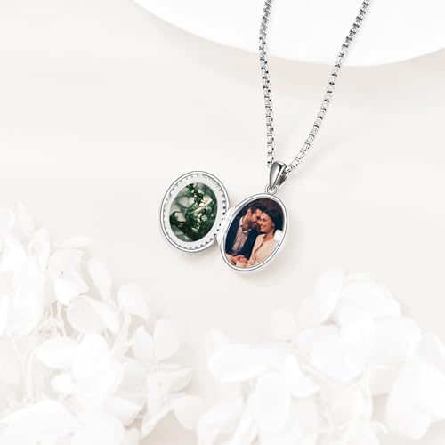 Locket Necklace Sterling Silver Turquoise/Opal/Moss Agate/Moonstone/Black Onyx Locket Photo Necklace Turquoise Jewelry Memorial Gifts for Women Mom Wife3