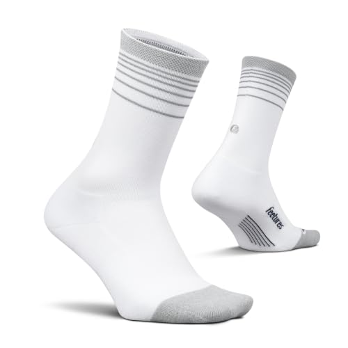 Image of Feetures Elite Light Cushion Mini Crew Sock - Sport Sock with Targeted Compression - White Flash, Large (1 Pair)