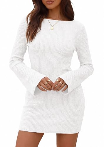 PRETTYGARDEN Womens Fall Bell Long Sleeve Mini Dress 2026 Casual Boat Neck Ribbed Bodycon Short Party Cocktail Dresses (White,Small) — view 2