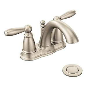 Moen Brantford Brushed Nickel Two-Handle Low-Arc Traditional Centerset Bathroom Faucet with Drain Assembly, 6610BN