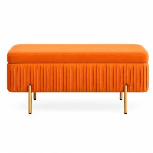 Image of Nutech Decor Velvet Upholstered Flip Top Storage Bench, 2-Seater Ottoman with Hidden Storage, Button Tufted End of Bed Bench for Bedroom, Living Room, Entryway, Hallway & Window Seating