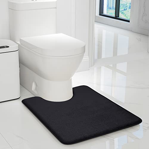 Image of YIHOUSE Memory Foam Bath U Shape Toilet Mat Non Slip Absorbent Soft Floor Rugs for Bathroom Machine Washable Carpet Bathroom mat U-Shape 20 inch X 24 inch Black