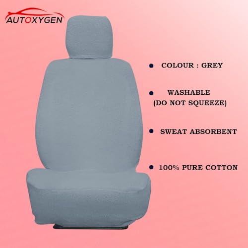 Image of AUTOXYGEN Car Towel Seat Cover Accessories Front & Rear 100% Pure Cotton Fabric, Sweat Control Complete Set for Sierra (Front Detachable Headrest, Grey)