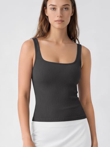 Image of ODODOS 3-Pack Seamless Square Neck Crop Tank for Women Ribbed Knit Soft Low Back Cropped Tops