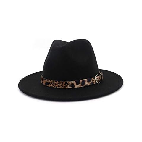 XINGZI Fashion Classic Unisex Wool Blend Wide Brim Felt Fedora Hats Panama Trilby Hat Cap with Leopard Band Buckle Cover