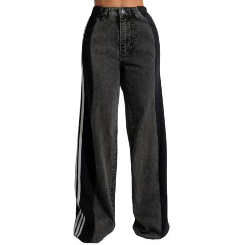 Jeans for Women High Waisted Stretch Stripes Patchwork Loose Fit Wide Leg Denim Pants