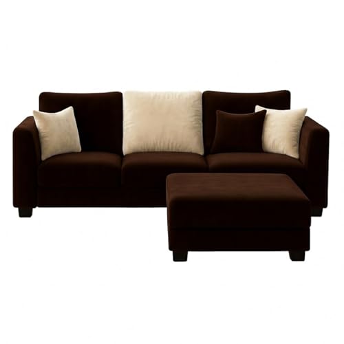 Image of SOCOZI Evanto 4 Seater L Shape Sofa Set with Movable Ottoman | Flexible Left or Right Layout | Soft Velvet Suede Fabric | Modern Design | Plush Comfort Cushions for Living Room (Dark Brown-Cream)